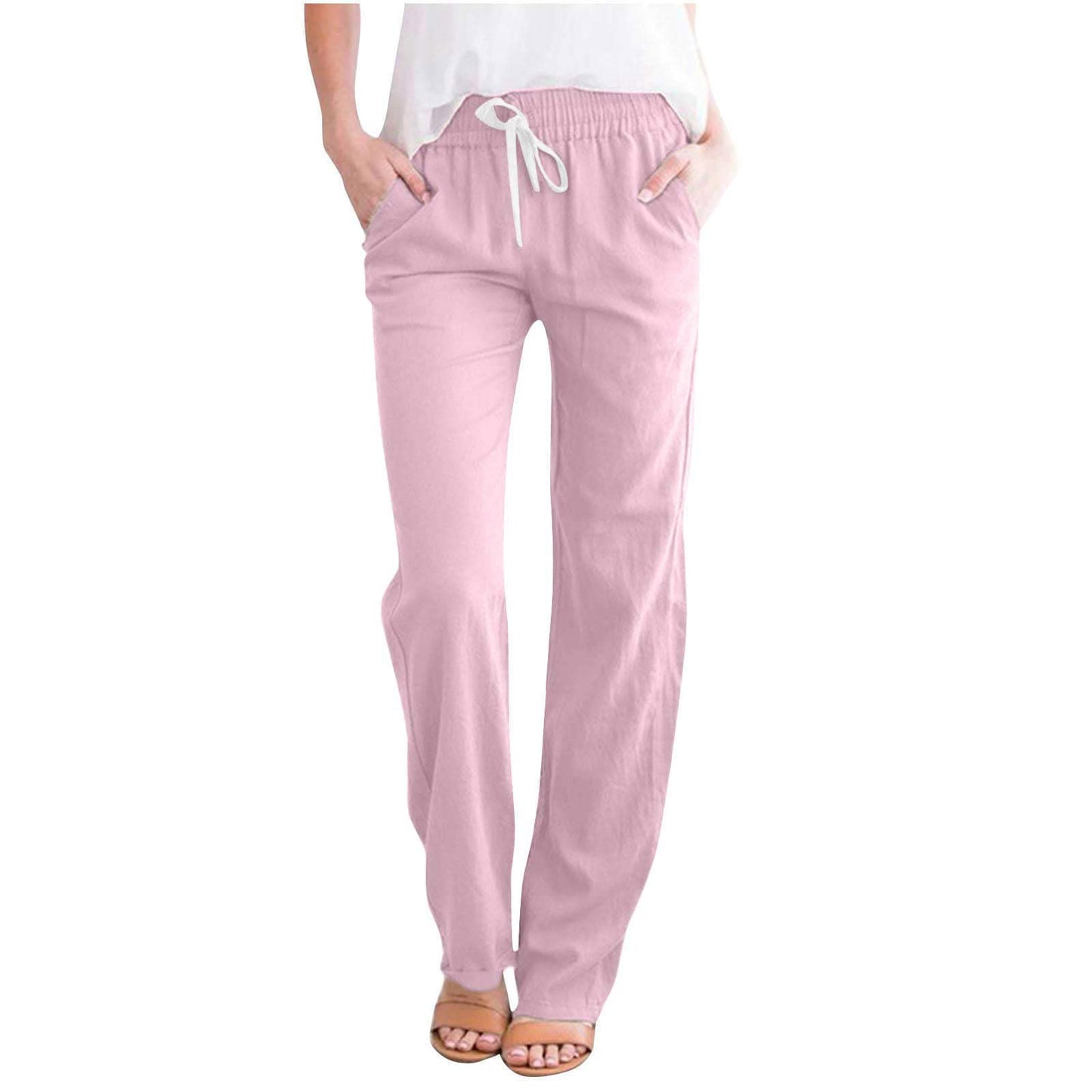 2024 Linen Pants Women Straight Leg Pants Summer Casual Drawstring High Waisted Cotton Loose Trousers with Pockets Pink