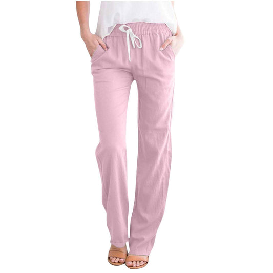 2024 Linen Pants Women Straight Leg Pants Summer Casual Drawstring High Waisted Cotton Loose Trousers with Pockets Pink