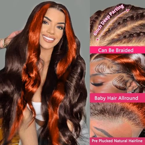 Daphernew 13X6 Ginger Lace Front Wigs Human Hair Pre Plucked for Women Ombre Ginger Orange Lace Front Wigs Human Hair Glueless Colored Lace Front Wig Human Hair (22Inch)