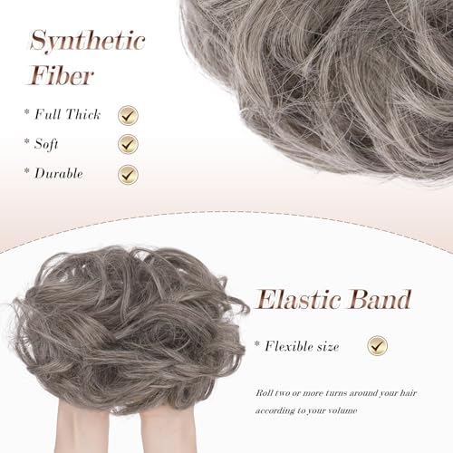 FESHFEN Messy Bun Hair Piece - Large Wavy Curly Elastic Hair Bun Scrunchies Ponytail Extensions Synthetic Chignon Hairpieces for Women, Salt and Pepper 1.94oz