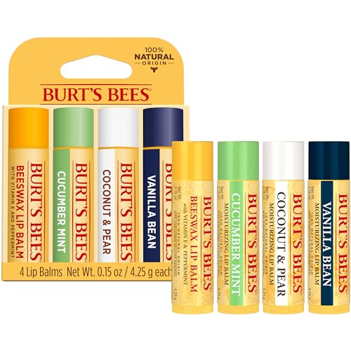 Burt's Bees Lip Balm - Beeswax, Cucumber Mint, Coconut & Pear, and Vanilla Bean Pack, With Responsibly Sourced Beeswax, Tint-Free, Natural Origin Lip Treatment, 4 Tubes, 0.15 oz.