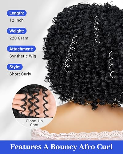 Marshey Afro Curly Wigs with Bangs for Black Women Kinky Curly Synthetic Hair Heat Resistant 12 Inch Short Ginger Wig for Daily Party (Black)