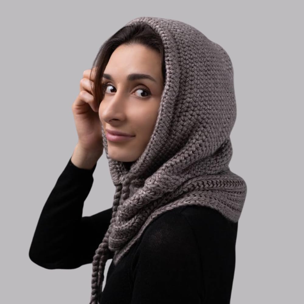 13Yellow Knitted balaclava for women Winter knit hooded scarf Wool womens hooded scarf hat