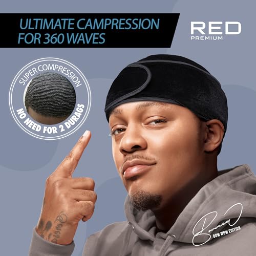RED Premium Bow Wow X Power Wave Durag, 360 Wave Compression Cap for Men & Women, Adjustable Hook-and-Loop Strap, Stylish & Durable, Ideal for Locs, Braids, Finger Waves (Velvet - Black)