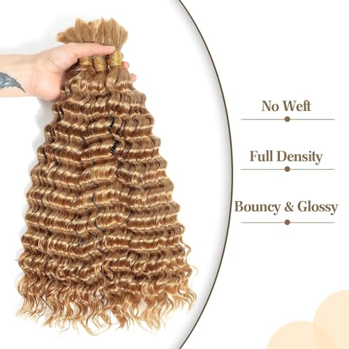 Habiliana Deep Curly Braiding Human Hair 100g 16 Inch Color 27 Honey Blonde Deep Water Wave Bulk Human Hair for Braiding No Weft Brazilian Virgin Deep Curly Human Hair Extensions for Boho Braids
