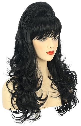 karlery Adult Women Long Wavy Black Wig Bouffant Beehive Wig 60s 70s Themed Party Costume Wig