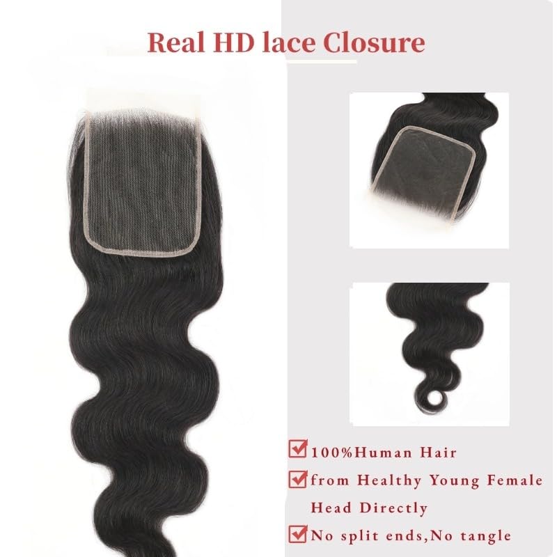 6x6 Real HD Lace Closure Body Wave Hair Closure Ultra-Thin Invisible Lace 12A Brazilian Virgin Remy Human Hair Frontal Closure Pre-Plucked with Baby Hair