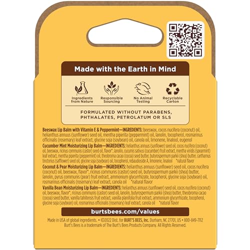Burt's Bees Lip Balm - Beeswax, Cucumber Mint, Coconut & Pear, and Vanilla Bean Pack, With Responsibly Sourced Beeswax, Tint-Free, Natural Origin Lip Treatment, 4 Tubes, 0.15 oz.