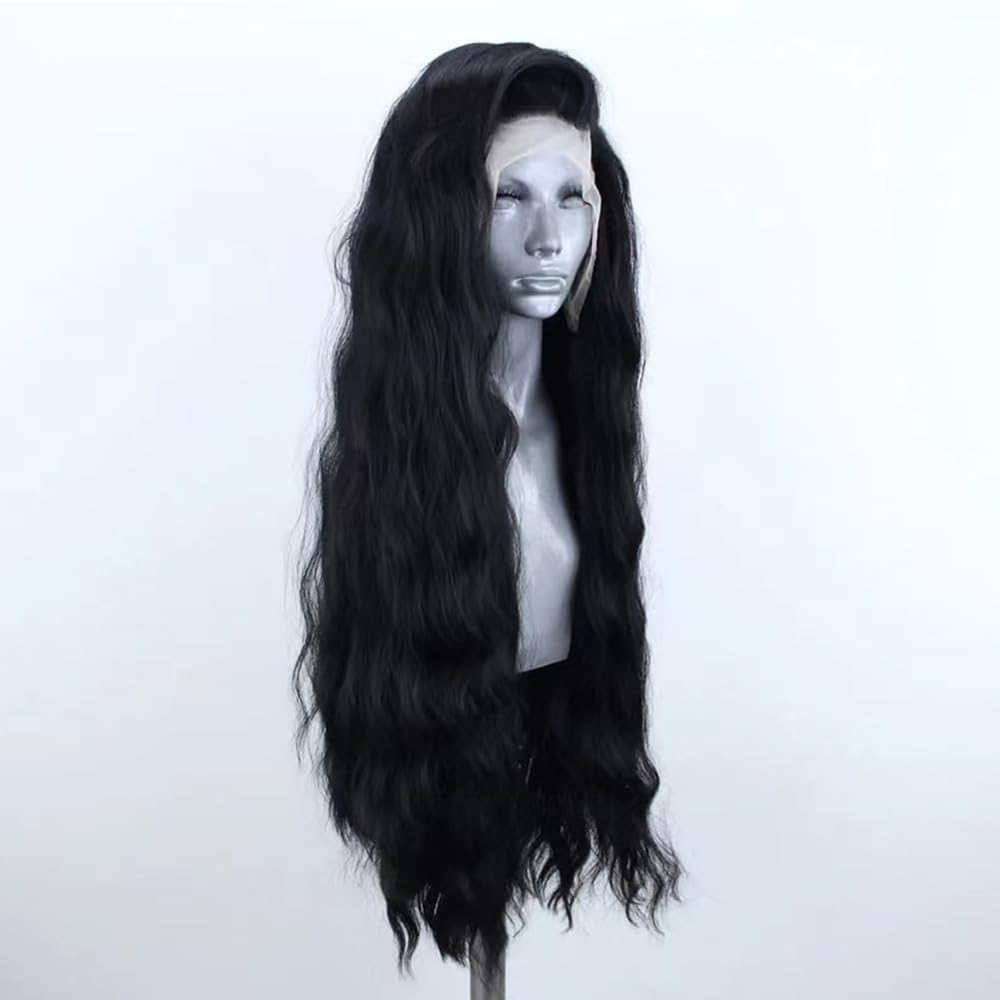 ELESTY 13 * 4 Long Wavy Black Hair Synthetic Lace Front Wigs for Women Loose Curly Natural Hairline Heat Resistant Fiber Lace Front Wigs Water Wave Free Part Glueless Wigs Cosplay Dairly Use 24Inch