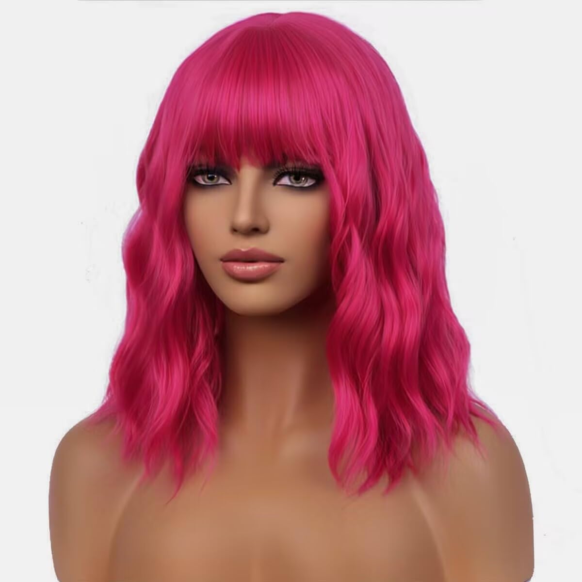 WTHCOS Hot Pink Wig Short Curly Wavy Wig with Bangs Rose Red Wig for Women Magenta Wig Neon Pink Wig Synthetic Wigs for Cosplay Costume Party with Wig Cap