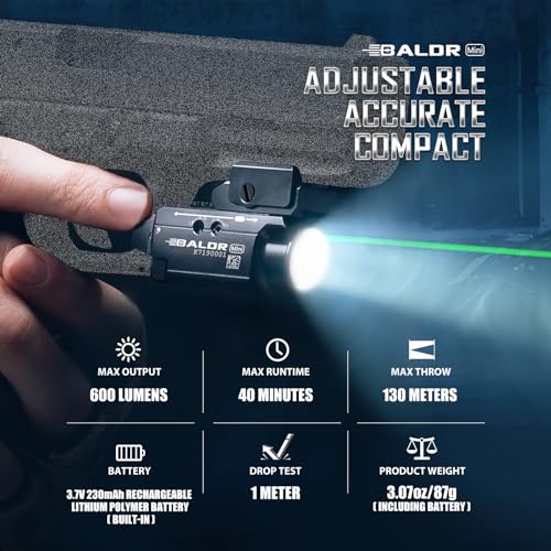 OLIGHT Baldr Mini 600 Lumens Rechargeable Weaponlight with Green Beam and White LED Combo, Magnetic USB Compact Tactical Flashlight with Adjustable Rail for G19, G45, Sig P320, and so on(Black)