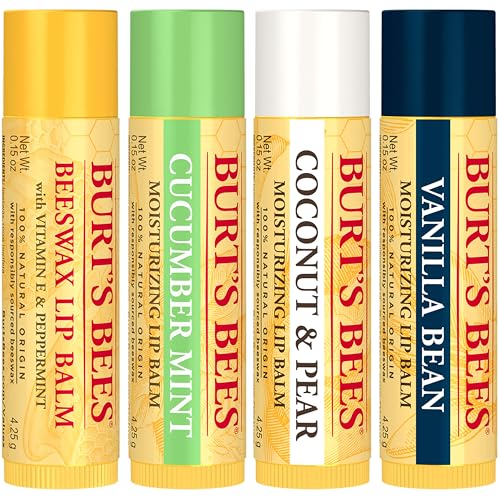 Burt's Bees Lip Balm - Beeswax, Cucumber Mint, Coconut & Pear, and Vanilla Bean Pack, With Responsibly Sourced Beeswax, Tint-Free, Natural Origin Lip Treatment, 4 Tubes, 0.15 oz.