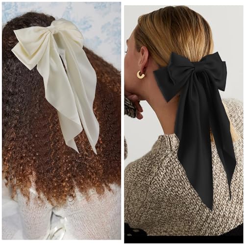 ATODEN Silky Satin Pink Hair Bows 2Pcs Big Hair Bows for Women Hair Ribbons Oversized Long Tail Bow Hair Clips Large Hair Ribbon Barrettes Metal Clips Bowknot Aesthetic Girls Hair Accessories