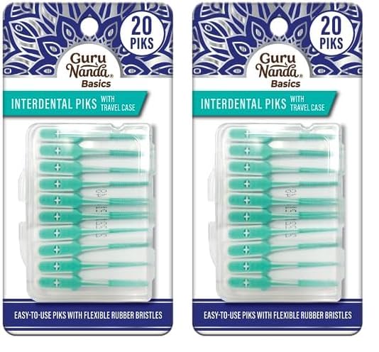 GuruNanda Interdental Picks with Travel Case - Floss Tooth Pick for Teeth Cleaning - Flexible Rubber Bristles - 20 Picks (Pack of 2)