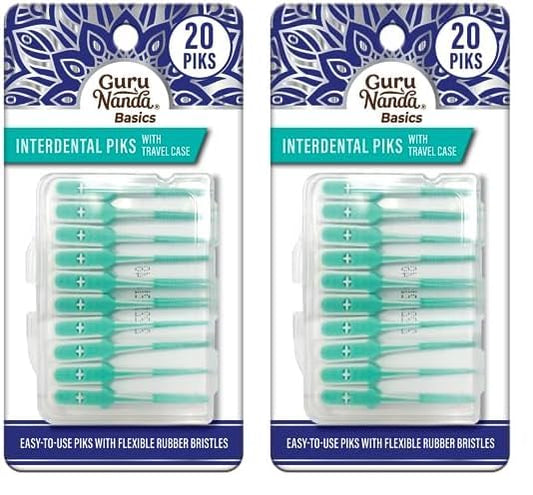 GuruNanda Interdental Picks with Travel Case - Floss Tooth Pick for Teeth Cleaning - Flexible Rubber Bristles - 20 Picks (Pack of 2)