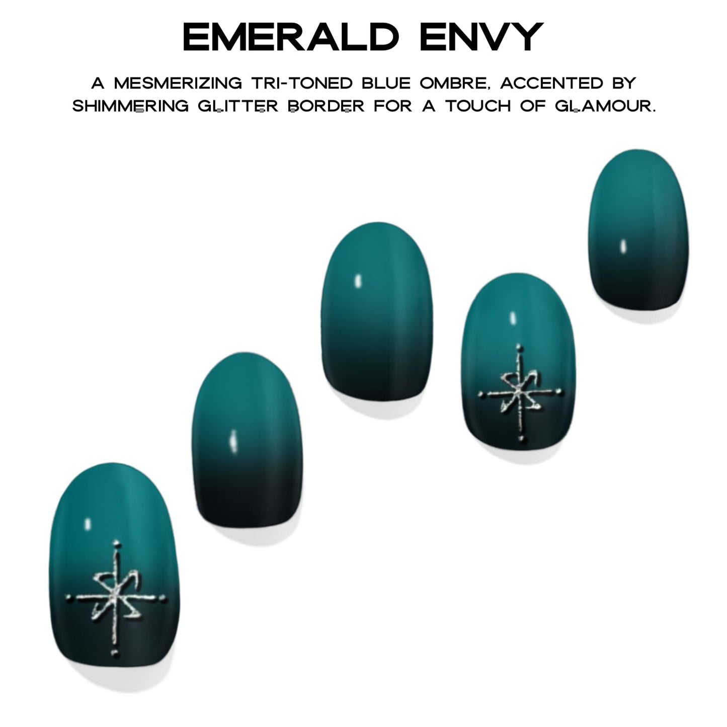 Adora Couture Semi Cured Gel Nail Strips with 30 Pieces, Salon Quality Nail Wraps for Women, Emeral Pattern & Ombre Green UV Gel Nail Stickers, UV Light Required, Emerald Envy