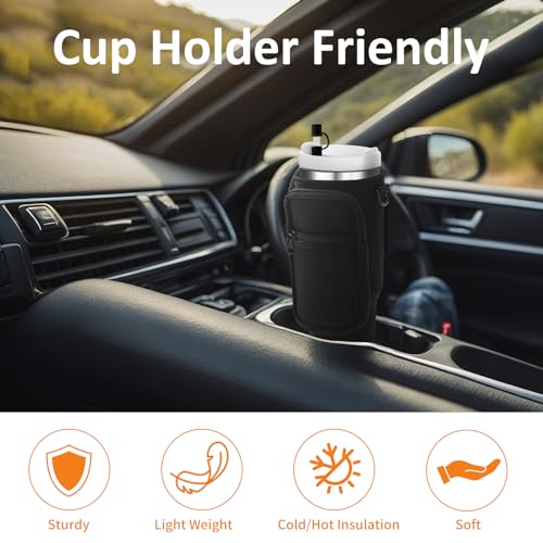 AceTreker Water Bottle Carrier Bag for Stanley 30/40oz Tumbler with Handle Simple Modern Sleeve Holder with Strap & 2 Pockets Neoprene Metal Travel Coffee Mug Carrying Accessories-Black