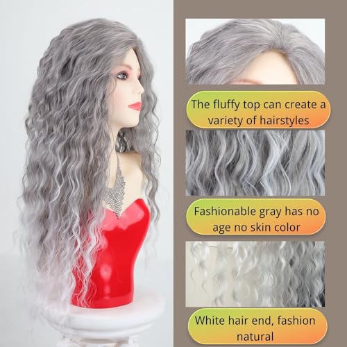 Fencca Grey Long Curly Wig Synthetic Mixed Gray Wave hair for Women Free Part Full Layered Long Wavy Grey Wig