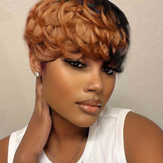 VRZ Short Curly Pixie Cut Wig Human Hair Short Wigs for Black Women pixie cut wigs human hair Short Human Hair Pixie Cut Glueless Wig Short Wigs Natural Curly with Brown R1B/30