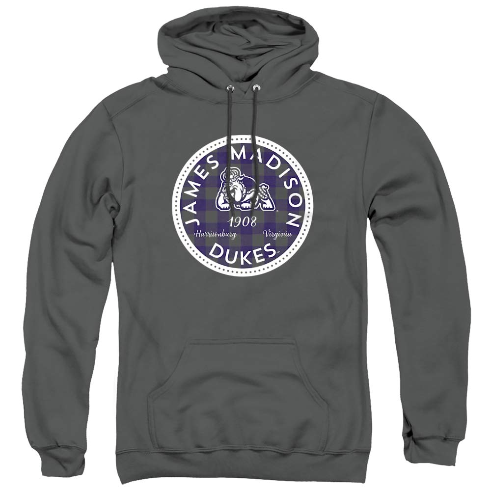 James Madison University JMU Official Plaid Badge Unisex Adult Pull-Over Hoodie,Charcoal, X-Large