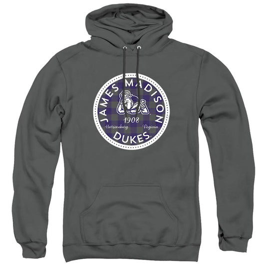 James Madison University JMU Official Plaid Badge Unisex Adult Pull-Over Hoodie,Charcoal, X-Large