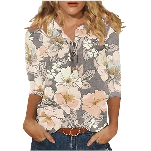 3/4 Sleeve Tops for Women 2024 Summer Shirts V Neck Floral Tshirts Button Peasant Blouses Loose Graphic Tees T-Shirts, Tshirts Shirts for Women Trendy, Plus Size Tops for Women