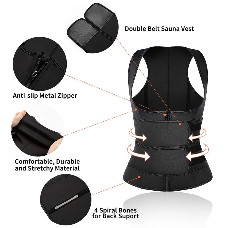 SHAPERIN Men Neoprene Waist Trainer Open Bust Sweat Suana Suit Body Shaper Tank Top with 2 Belts Black S