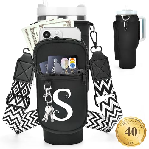 LOKASS Water Bottle Holder with Strap for Stanley Cup 40 oz Tumbler with Handle, Personalized Initial, Water Bottle Carrier Bag with Phone Pocket & Carabiner for Stanley Cup Accessories