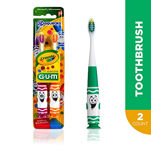 GUM Crayola Toddler Pip-Squeaks Toothbrush, Ultra Soft Bristles, Tapered Head, Ages 2+, 2 Count