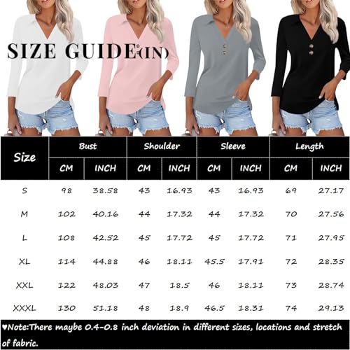 3/4 Sleeve T Shirts for Women,Polo Shirts for Women 3/4 Sleeve Button V Neck Polo Plain Business Fashion Cotton Casual Loose Fit Blouse Tops for Women Sexy Womens and Blouses (pink,XX)