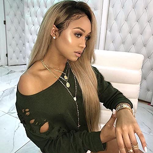 Guanyuwigs Ombre #1B/27 Honey Blonde 360 Lace Frontal Wig pre plucked Brazilian Human Hair Silky Straight Full Lace Wig For Black Women 150 Density 14inch