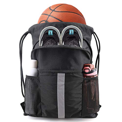BeeGreen Orange Drawstring Backpack Bag with Shoe Compartment X-Large Black Gym Sports String Cinch Backpack Athletic Sackpack with Front Inside Zipper Pockets