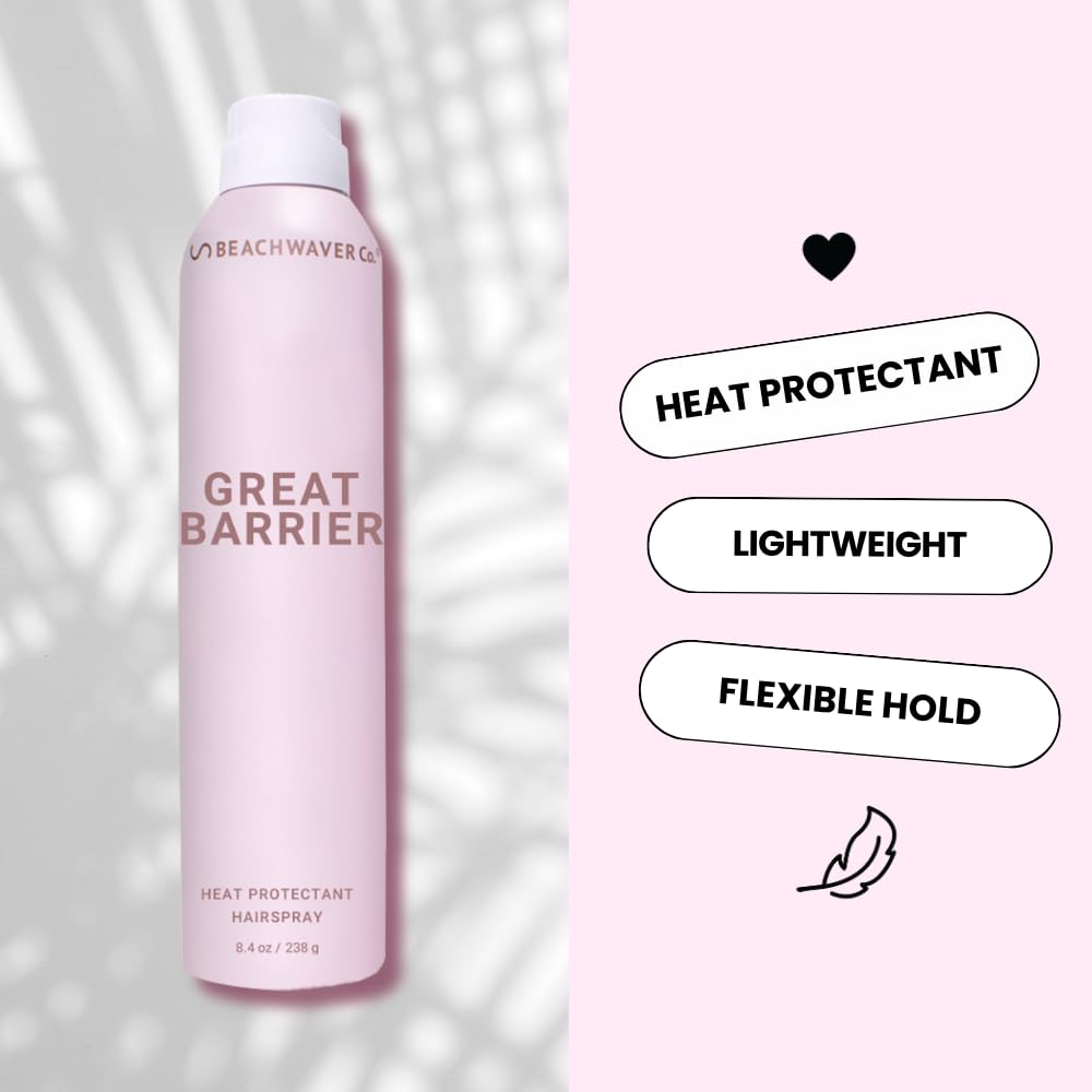 The Beachwaver Co. Haircare Great Barrier Heat Protectant Hair Spray - Full Size (8.4 Fl Oz) | Multi-Purpose Treatment for Heat Protection | Flexible Hold & No Frizz | Polynesian Pink Sugar Scent