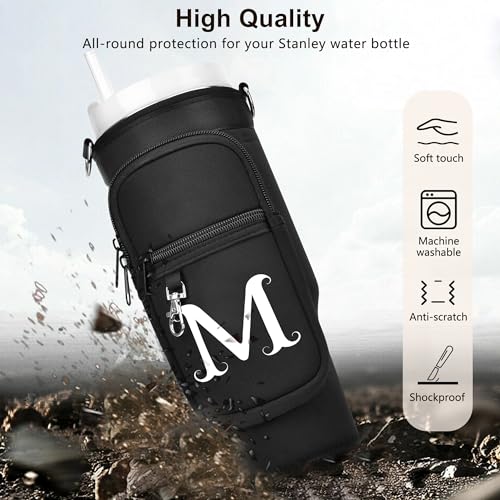 LOKASS Water Bottle Holder with Strap for Stanley Cup 40 oz Tumbler with Handle, Personalized Initial, Water Bottle Carrier Bag with Phone Pocket & Carabiner for Stanley Cup Accessories