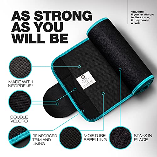 ActiveGear Waist Trainer for Women & Men - Sweat Band Waist Trimmer Belt for a Toned Look - Reinforced Trim and Extra Secure Fastening (Blue Hem, Medium: 8” x 42”)