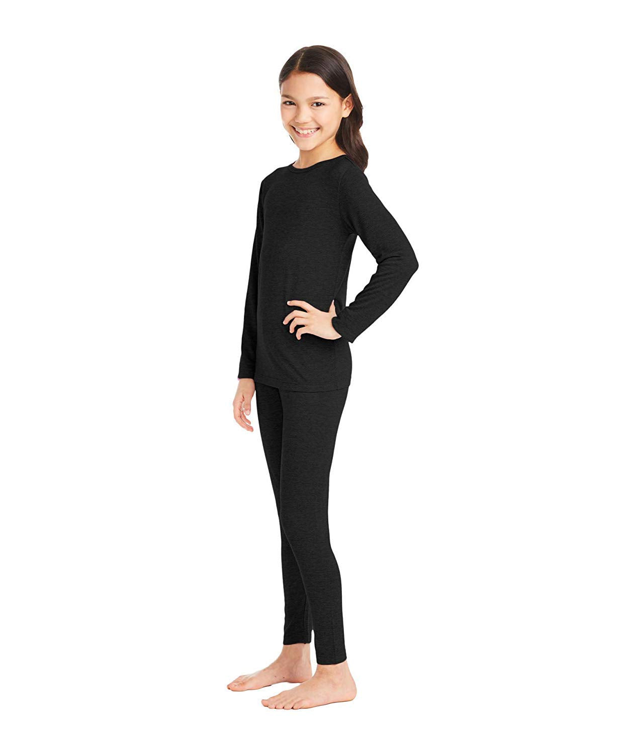 32 Degrees Kid's Heat Base Layer Long Sleeve Crew Neck and Legging Set (Black, Medium)