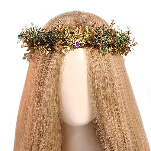 MOSTORY Elf Flower Crown Headband - Woodland Fairy Headpiece Forest Elven Headband Floral Leaf Circlet for Women Renaissance Renfaire Halloween Fairy Core Party Cosplay