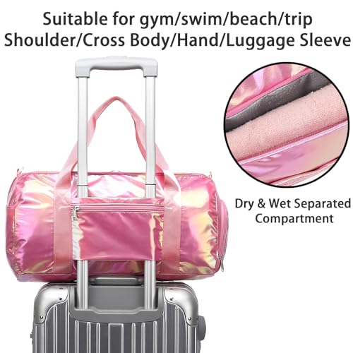 Gym Bag Sports Duffle Bag with Wet Pocket Weekender Overnight Bag with Waterproof Shoe Pouch and Air Hole for Women Girls Travel Foldable Bag (Metallic Purple)