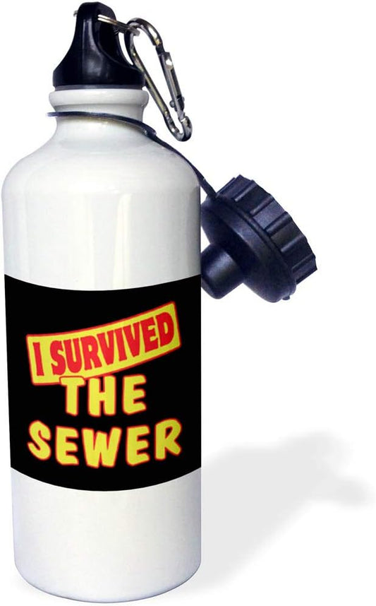 3dRose "I Survived The Sewer Survial Pride And Humor Design" Sports Water Bottle, 21 oz, White
