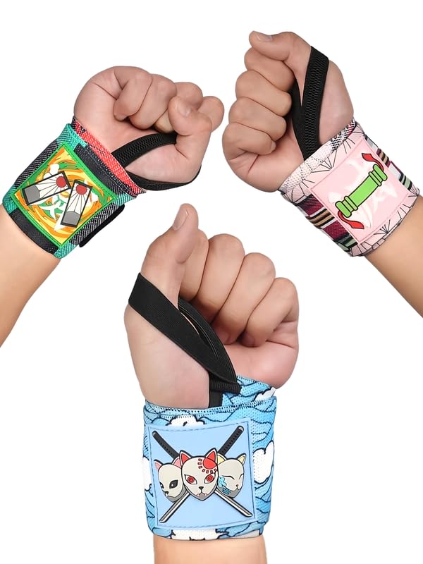 CROWN Anime Wrist Wraps 3 Pairs Bundle - 24" Lifting Straps for Men and Women - Gym Accessories Support Weightlifting, Powerlifting, Strength Training, Workout (Trinity A)