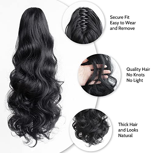 StrRid Pony Tail Extensions Wavy Claw Clip Ponytail Extension 20" Long Fake Ponytails Synthetic Fluffy Heat Resistant Clips in Hair Pieces for Black Women Party Daily Use 6 Oz Natural Black