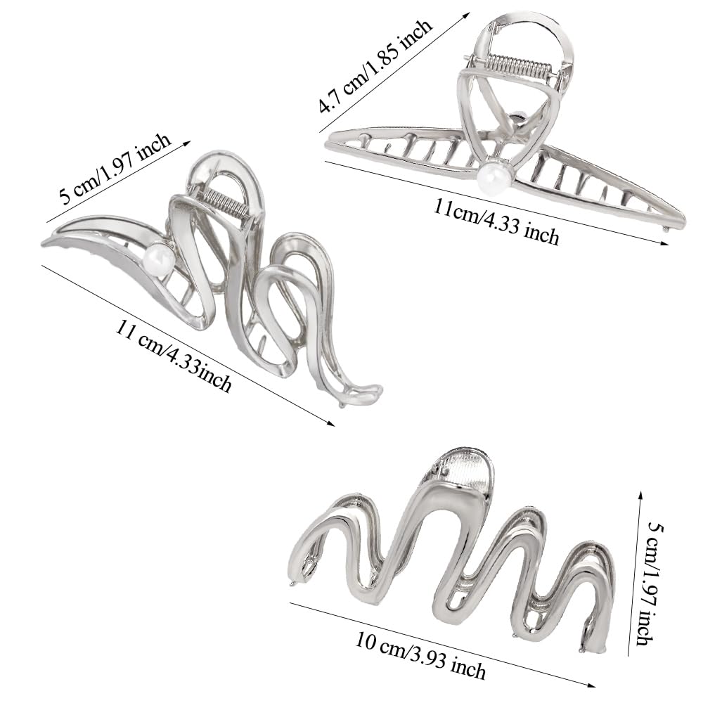 3 Pack Hair Claw Clips for Thick Long Hair, Silver Metal Wave Cross with Peal Big Jaw Clamps Hair Accessories for Women, Fashion Elegant Aesthetics Variety Hairgrip Styling Tools