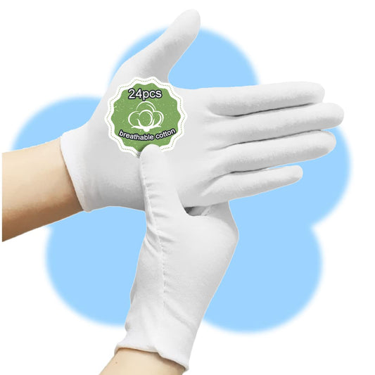 24Pcs Cotton Gloves for Dry Hands Moisturizing Gloves Cotton Gloves Eczema White Gloves for Men and Women and Kid, Stretchable Reusable Cloth Gloves for Spa Lotion Coin Jewelry Silver Inspection(L)