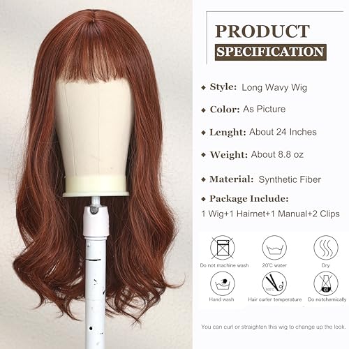 Esmee 24 Inches Long Wavy Wine Red Wigs for Women Natural Synthetic Hair Heat Resistant Wigs with Bangs for Daily Party Cosplay Use (Burgundy)