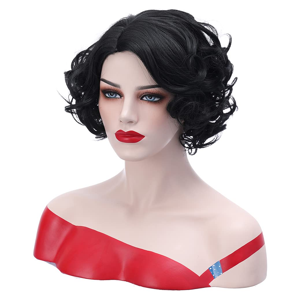BERON Black Wig Short Curly Black Wig Natural Wavy Wig Black 1920s Wig for Women Cosplay Costume Party Come with Wig Cap (Black)