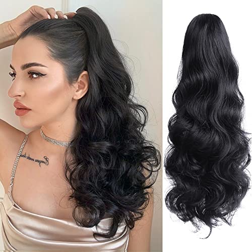 StrRid Pony Tail Extensions Wavy Claw Clip Ponytail Extension 20" Long Fake Ponytails Synthetic Fluffy Heat Resistant Clips in Hair Pieces for Black Women Party Daily Use 6 Oz Natural Black