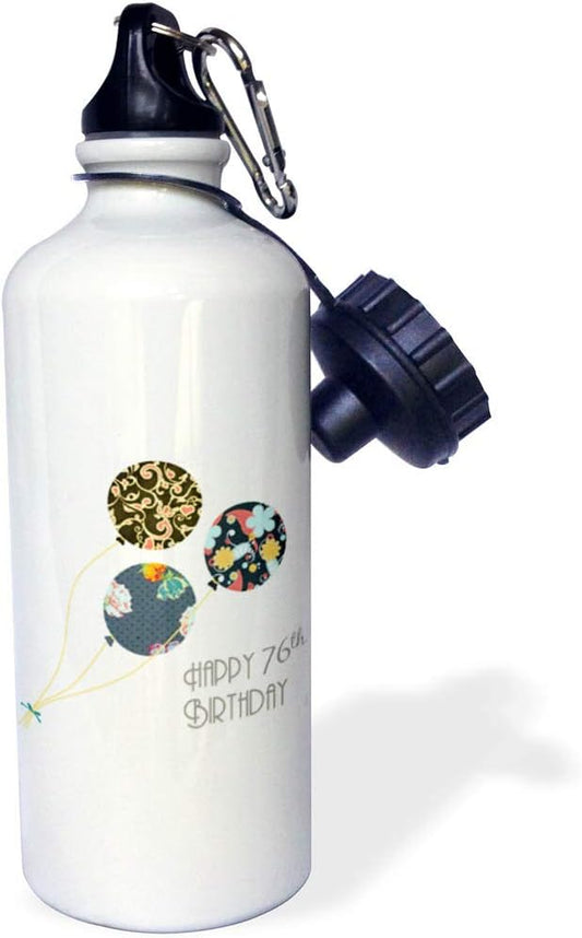 3dRose "Happy 76th Birthday-Modern stylish floral Balloons. Elegant black brown blue 76 year old Bday" Sports Water Bottle, 21 oz, White