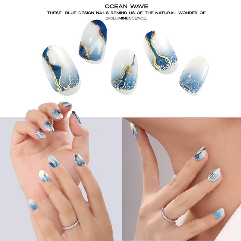 Adora Couture Semi Cured Gel Nail Strips with 20 Pieces, Salon Quality Nail Wraps for Women, Gold Foil Gradient Blue UV Gel Nail Stickers, UV Light Required, Ocean Wave