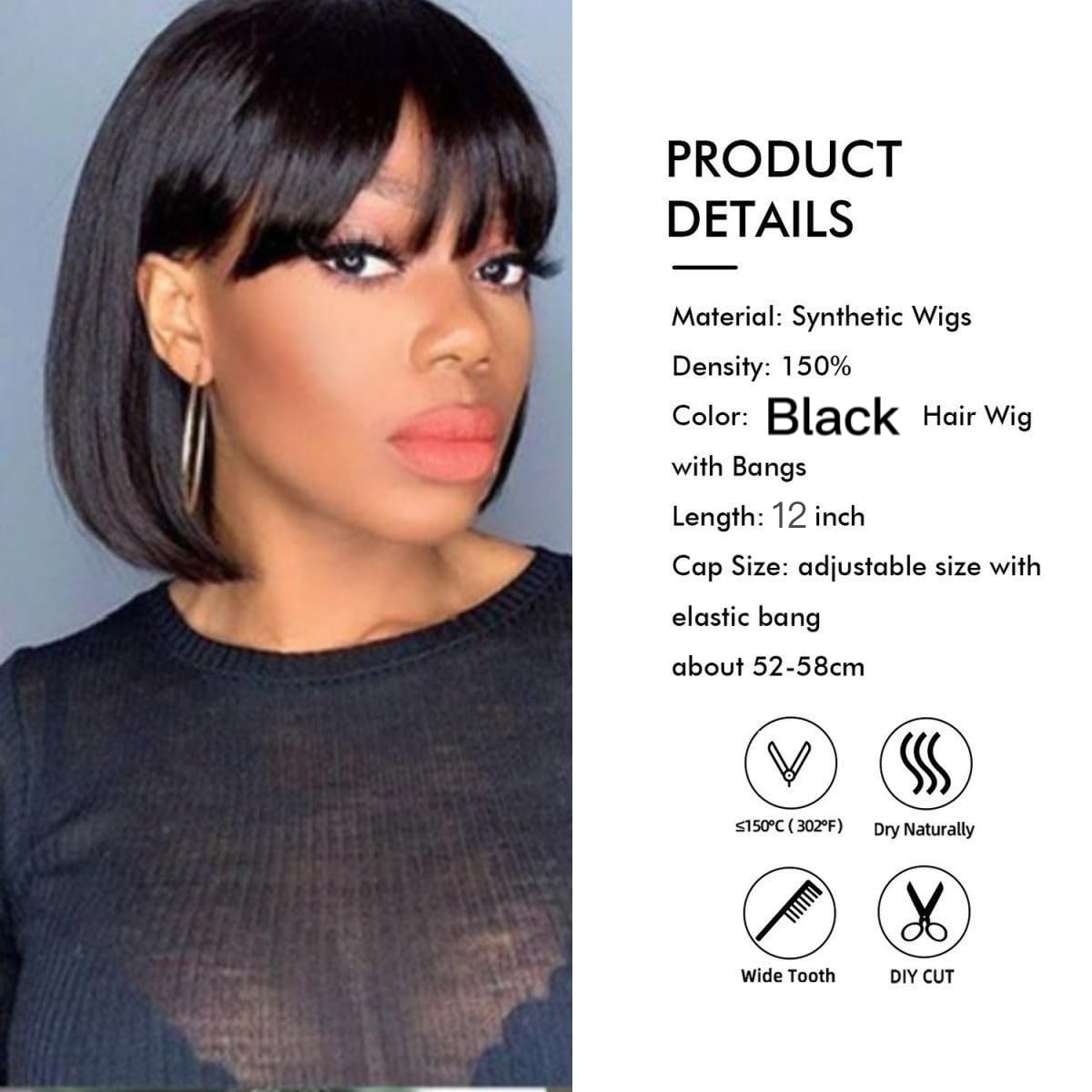 Tangyaoyusun 12Inch Black Wig with Bang Short Straight Bob Hair For Girls Women Theme Party(Black)