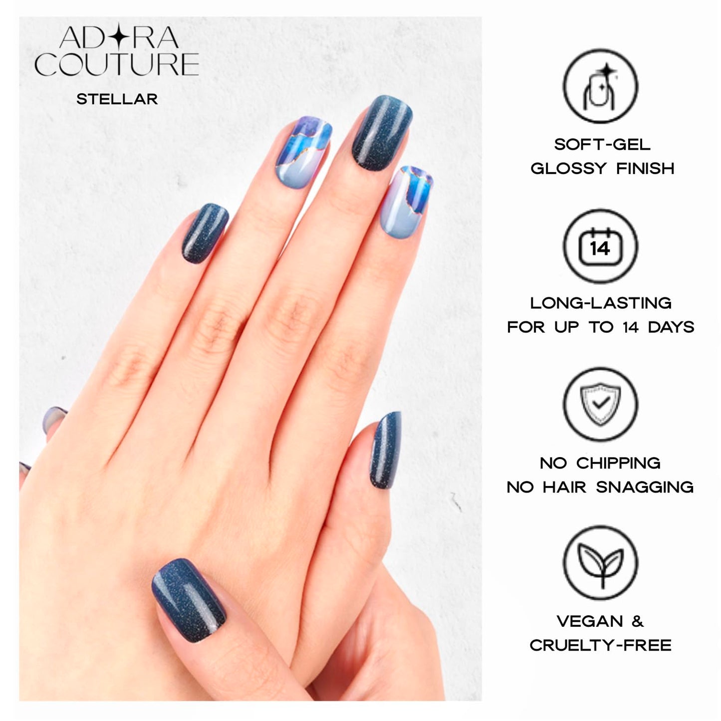 Adora Couture Semi Cured Gel Nail Strips with 30 Pieces, Salon Quality Nail Wraps for Women, Glossy Blue Purple Pattern with Glitter UV Gel Nail Stickers, UV Light Required, Stellar